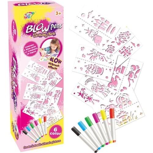 Kids Press Blow Watercolor Pens DIY Graffiti Painting Tool with 12Pcs Stencils Drawing Learning & Education Toys