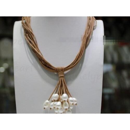 Beautiful 15row color leather white Fresh water pearl necklace 9-11 mm 18INCH