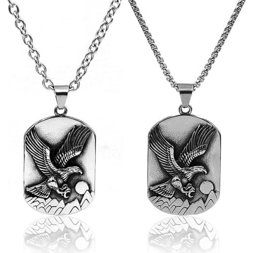 Mens Cool Flying Stainless Steel Eagle Tag Pendant Charm Long Necklace Vintage Silver Mountain Sun Eagle Choker Fashion Jewelry