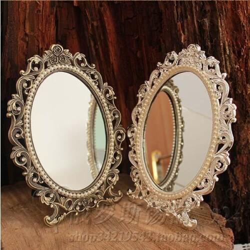 Retro desktop makeup cosmetic mirror floral embossed jewelry pearl-inlayed metal frame table decoration silver bronze 337A