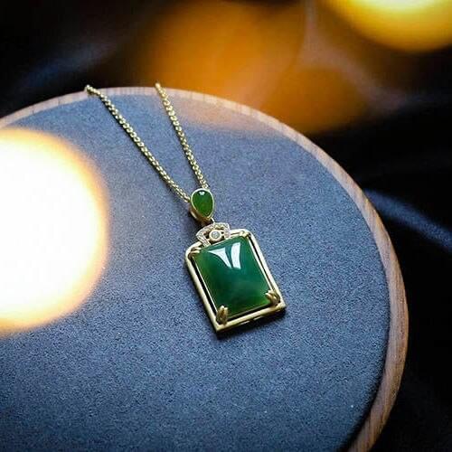 Natural Hetian Jade Green Jade Lucky Pendant Pendant Sweater Chain S925 Sterling Silver Inlaid Ancient Gold Craft Necklace Ornam