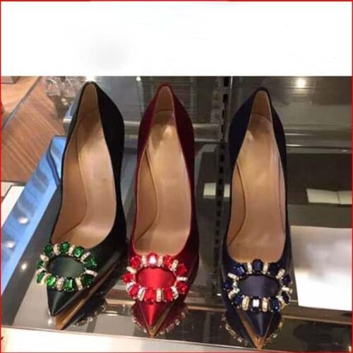 New Plus Size 33-43 Women Metal High Heels Exquisite Crystal Square Buckle Pointu Toe Stilettos Slip-on Pumps Women Party Shoes