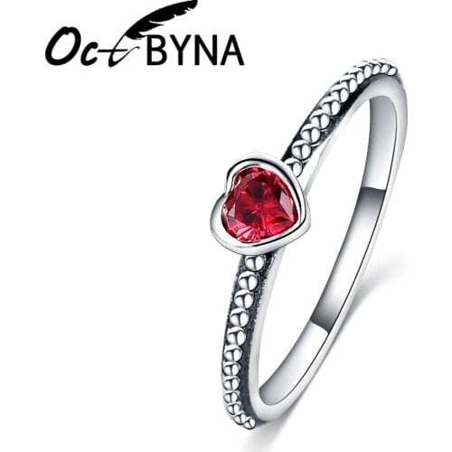Octbyna Silver Color Plated Love Heart Brand Ring For Women Red Pink And Transparent Rhinestone Lover Wedding Bands Jewelry