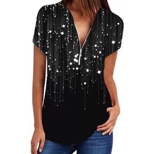 Office Black Tops For Female Blusas Mujer De Moda 2021 Fashion Womens V-neck Short Sleeves Print Zipper Casual Shirt Blouse Top