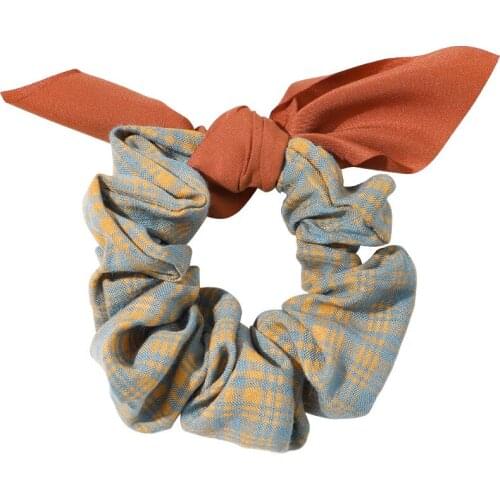 Top Quality France Designs Rabbit Holder Women Vintage Bunny Hair Schrunchies Plaid Style Cotton Elastic Bands