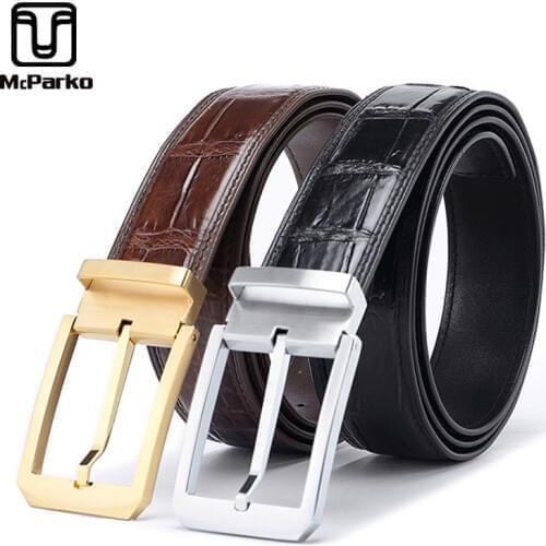 Mcparko Crocodile Leather Belt Men Pin Buckle Business Men Belt Leather Brand Luxury Designer Waist Belt For Suits Pant Black