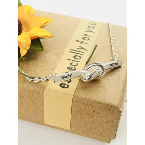 Silver Knot Necklace, Tie The Knot Necklace,Knotted Necklace with Engraving Name, Friendship Knot Pendant