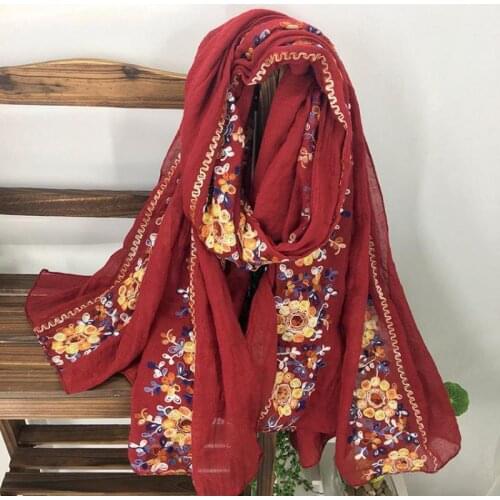 Embroider Flower Ethnic Style Cotton Linen Shawl Scarf Women Spring Autumn Solid Silk Pashmina Bufanda Travel Muslim Hijab Wrap