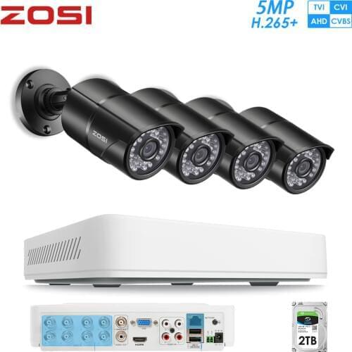 ZOSI H.265+ 8CH CVBS AHD CVBS TVI Super HD 5MP Security Camera System With 2TB HDD and Weatherproof CCTV Video Cameras DVR Kit
