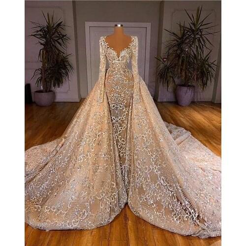 Champagne Wedding Dresses With Detachable Train V-Neck Long Sleeves Wedding Gowns Vestido De Noiva 2020 Custom Made
