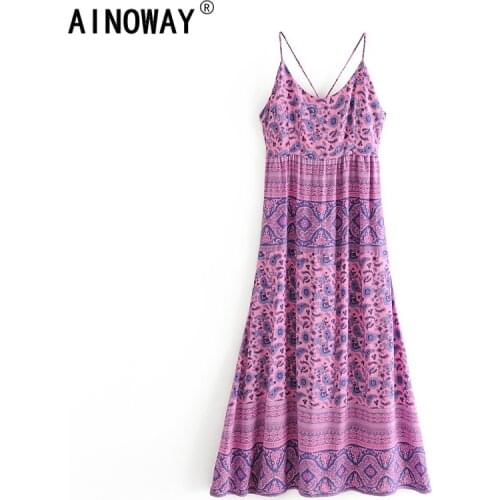 Vintage Chic Women purple floral print sleeveless strap beach Bohemian happie dresses Ladies rayon Boho maxi dress vestidos