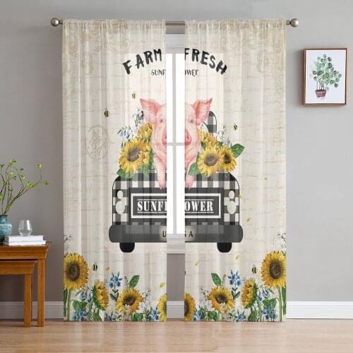Farm Sunflower Pig Vintage Letter Background Sheer Curtains for Living Room Modern Bedroom Voile Tulle Curtain Window Drapes