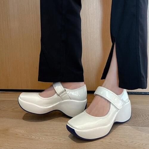 Womans Shoes New Arrivals Fashion Women Spring/Summer Platform Shoes Leather Square Toes Ladies Mary Jane Wedges White/Black