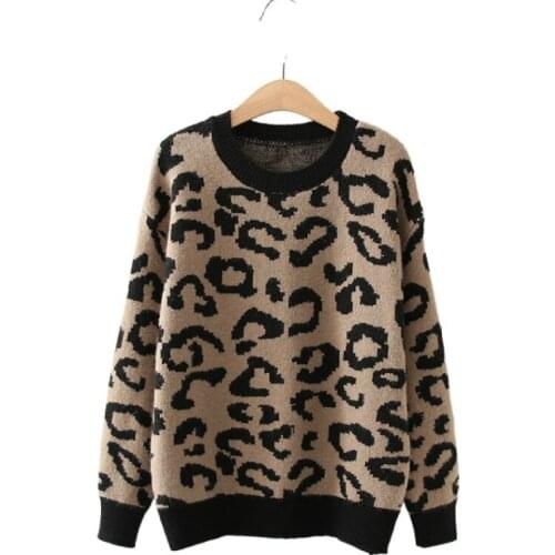 Leopard Print Women Knitted Sweaters 2020 Autumn Winter Long Sleeve Round Neck Loose Pullover Tops Outerwear
