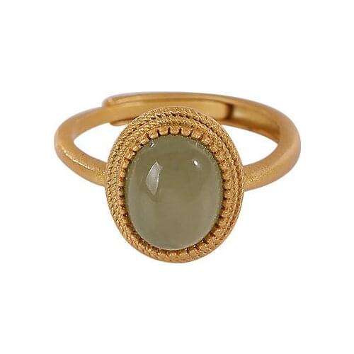 S925 sterling silver gold-plated natural Hetian jade gray jade ring retro simple all-match Oval ladies ring
