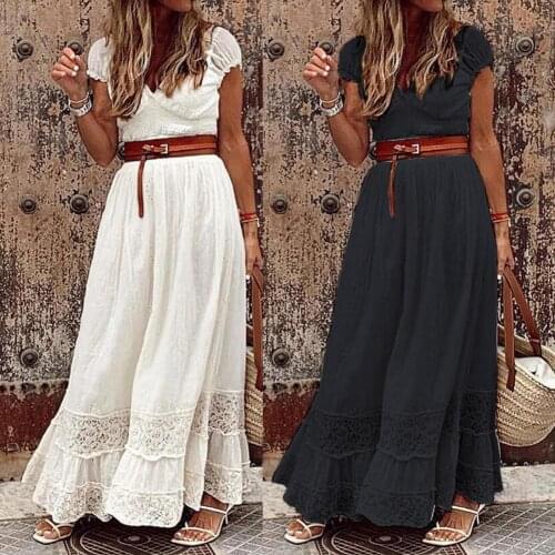 Summer Women Dress Short Sleeve Large Hem V Neck Solid Color High Waist Belt Women Maxi Dress Cocktail Party Classic Sundress