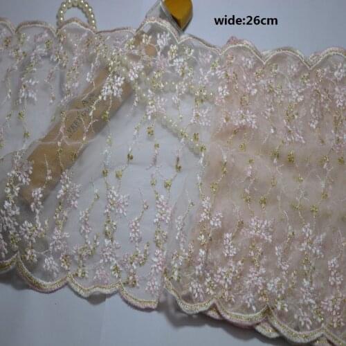 2Yds/Lot)26 Wide Pink Transparent Mesh Light Pink Gold Mixed Mirror Flower Hight Quality Lace Fabrics Embroidered Lace Trim
