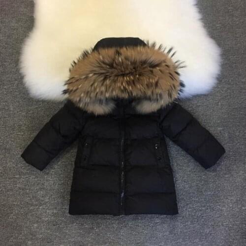 2021 Hooded Real Fur Baby Boy Jacket Down Warm Girl Winter Coat Outdoor Snowsuit Children Outerwear Thick Toddler Windbreaker