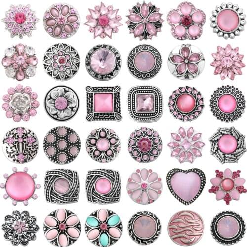 5pcs/lot Hot Sale Snaps Jewelry Pink Rhinestone Flower 18mm Metal Snap Buttons Fit Metal Snap Bracelet Necklace Jewelry