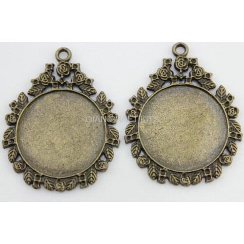50pcs large round flower cameo cabochon base setting zinc alloy Charm Pendant drops for DIY necklace inlay 25mm out 34mm