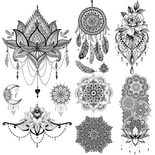 Black Henna Jewelry Moth Temporary Tattoos For Women Dreamcatcher Mandala Flower Tattoo Sexy Pendants Lace Feather Fake Tatoo