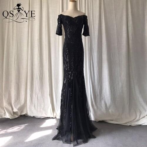 Black Sequin Evening Dresses Side Sleeves Mermaid Prom Gown Long Sleeves Off Shoulder Party Formal Dress Stretch Women Prom Gown