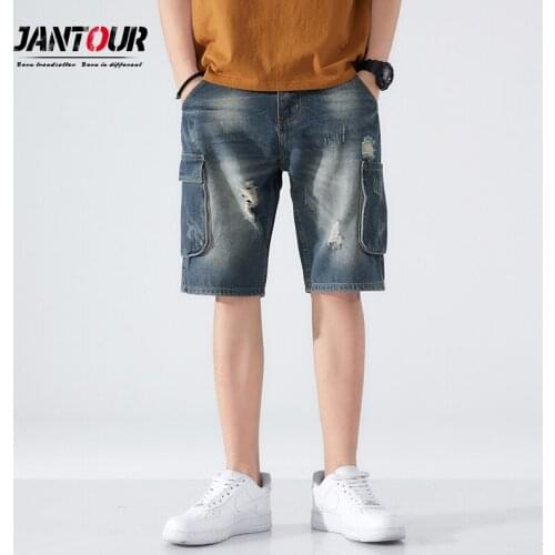 Jantour Men Denim Jeans Shorts Straight Denim Shorts Multi-pocket Good Quality Men Loose Casual Short Jeans Knee Length Pants 40