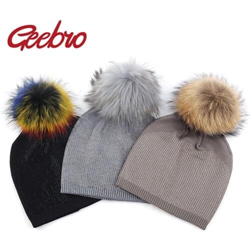 Geebro Women Winter Warm Rhinestone Slouchy Beanies Skullies Hats Femme Adult Skull Hats Accessories 15cm Real Fur Pompom