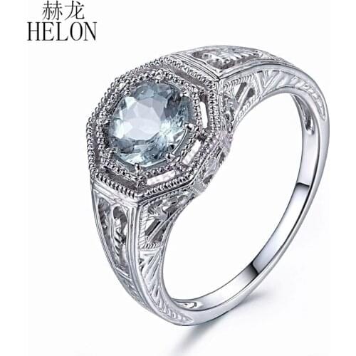 HELON Solid 10K Solid White Gold 6mm Round Cut Genuine Aquamarine Engagement Ring Women Vintage Fine Jewelry Genstone Ring