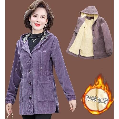 Middle-aged Womens Parkas Corduroy jacket Autumn Winter Plus Velvet Lamb Hooded Coats Cotton Winter Jacket Womens Mama Overcoat
