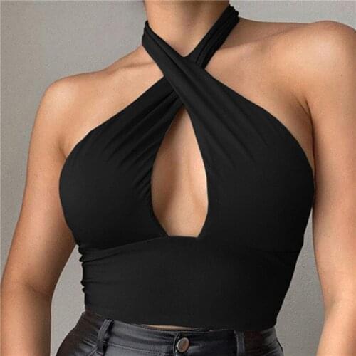 Women Cross V Neck Halter Solid Color Tank Tops Camisole Female Sleeveless T-Shirts Vest Tee Ladies Sexy Slim Summer Crop Tops