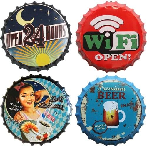 Beer Bottle Cap Poster Retro Coffee Cola Metal Tin Signs Cafe Bar Pub Wall Decor Vintage Nostalgia Round Plates