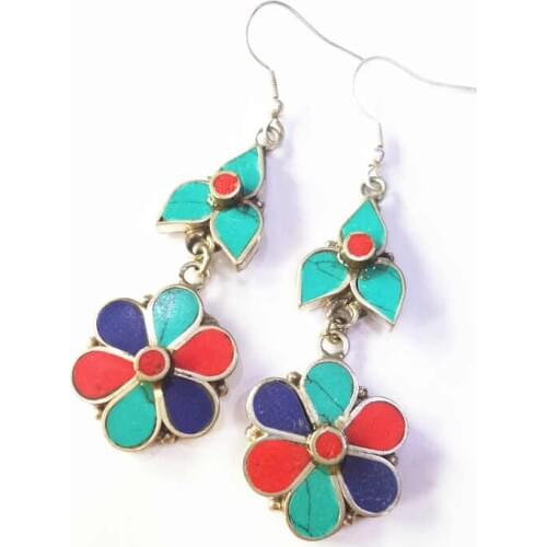 Lovely Cute Colorful Handmade Earrings from Nepal Hand Jewelry Copper Inlaid Stone Multi Colors E088