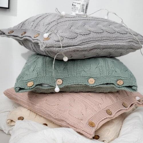 Soft Cotton Braid Knitted Cushion Cover Retro 45cm*45cm Pillowcase Ivory Gray Pink Pillowcase Button Open Pillowcase
