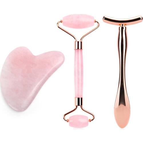 Jade Roller Stone Gua sha Scraping Board Set Rose Quartz Face Lift Massager Facial Massage Eye Cream Mixing Spatula Scoop Tools