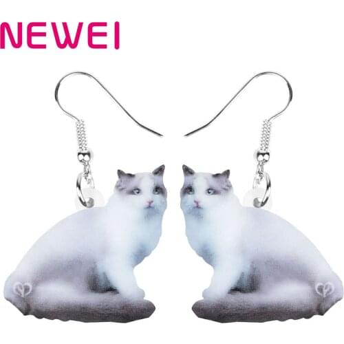 Newei Acrylic White Ragdoll Cat Earrings Lovely Kitten Pet Animal Dangle Drop Jewellery For Women Kids Girls Funny Birthday Gift