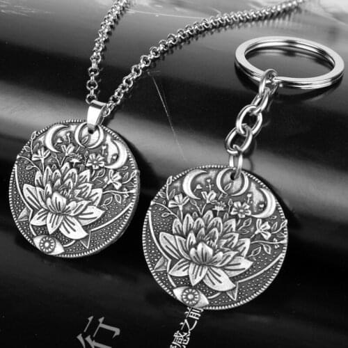 Engraved Triple Moon Goddess A Lotus Flower Wiccan Evil-Eye Necklace Women Men Witchcraft Amulet Talisman Jewelry Gift