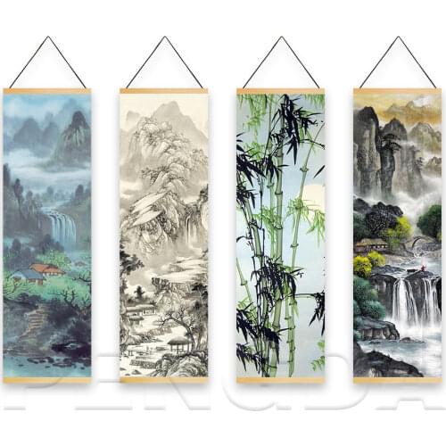 Printed Poster Nordic Canvas Wood Scroll Painting Chinese Landscape Painting with Ink Water Art for Gift Home Wall Hanging Decor
