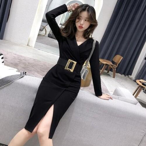 Autumn Womens Clothing New Commuter Temperament Belt Slim Thin Slit Dress Long Sleeve Mid-waist Fashion Elegant Lapel Dress