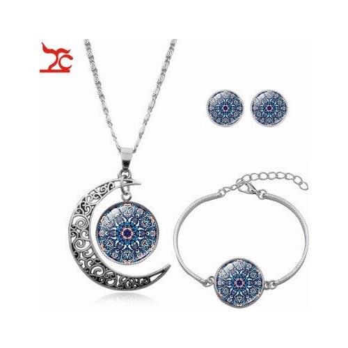 Silver Plated Mandala Time Gem Crescent Collares Creative Yoga Cabochon Glass Flower Necklace Earring Bracelet Jewelry Set Gift