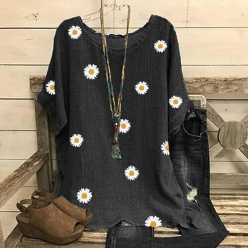 Plus Size Fashion Daisy Print Blouse Cotton-Blend O-Neck Tops Casual Summer Ladies Top Female Women Short Sleeve Blusas Pullover