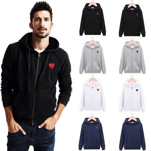 PLAY Men Women Spring Autumn Hoodies Love Embroidery Zip Double Pocket Thicker Hooded Sweater Loose Cotton Couple Coat