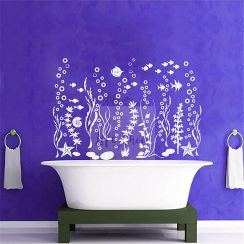 Bathroom Vinyl Wall Sticker Satrfish Sea Grass Removable Wall Decals Sea Animals With Bubble Wall Mural Ocean World Art AC058