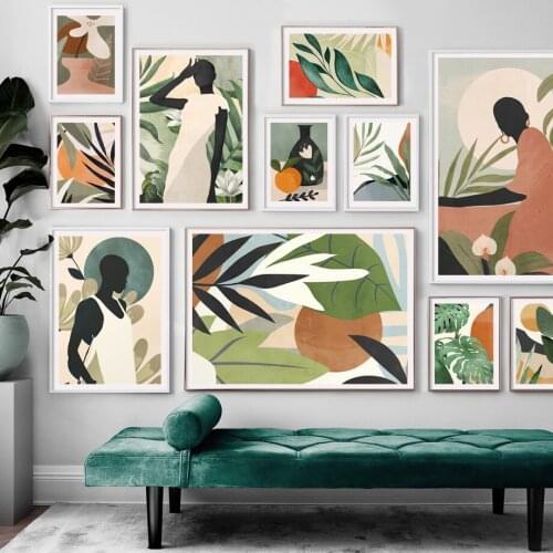Vintage Abstract Plant Leaf Monstera Girl Wall Art Canvas Painting Nordic Posters And Prints Wall Pictures For Living Room Decor