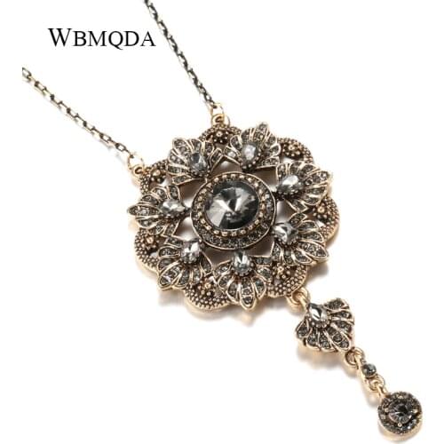 Wbmqda Hot Women Gray Crystal Big Pendant Necklace Antique Gold Color Ethnic Wedding Necklace Statement Vintage Jewelry