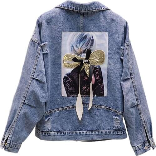 Jeans Jacket Women Frayed Denim Jacket Short Loose Spring Autumn Harajuku Denim Coat Women Beauty Printed Bow Streetwear Jacket