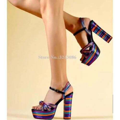 Women New Knot Chunky Heel Colorful Platform Sandals Fashion Peep Toe Mixed Color Straps Dress Sandals Shoes Lady High Heel