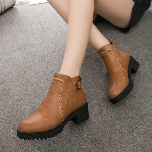 Maogu Womens Ankle Boots Zipper Square Heel Vintage Print Leather Shoes for Women Buckle Strap Round Toe Casual Short Boots