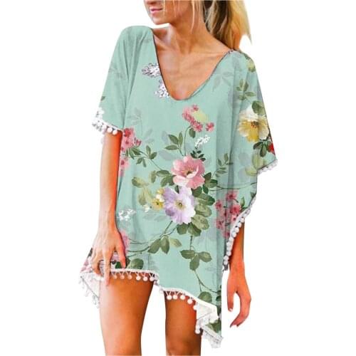 Womens Trim Kaftan Chiffon Tassels Swimwear Beach Loose Bikini Cover Up Tops Fashion women Streetwear Casual T-shirt футболка