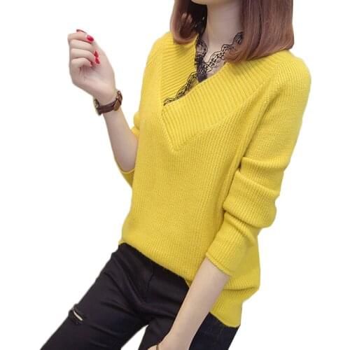 Autumn Winter Korean Women Knitted Sweater Pullover V-neck Loose Lace Jumper Sweater Casual Wild Female Tops Plus Size 3XL K974